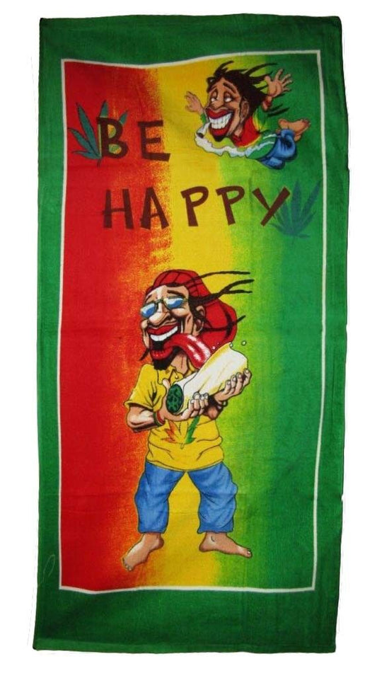 30 x 60 Beach Towel (Cotton Twill) Lightweight Bright Colors Rasta Leaf "Be Happy"