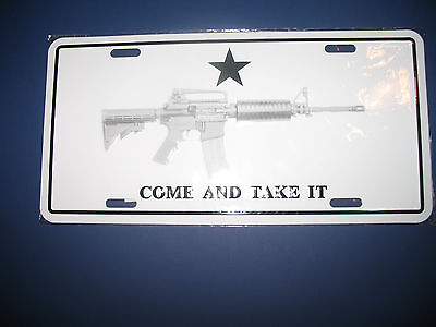 White Texas Come and Take it M4 Machine Gun 6"x12" Aluminum License Plate Tag