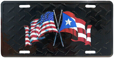 USA & Puerto Rico Waving Flags Black Diamond Deck 6"x12" Aluminum License Plate