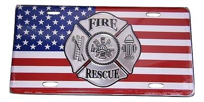 Fire Rescue American Flag Firefighter 6"x12" Aluminum License Plate Tag Made USA