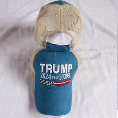 TRUMP 2024 THE SEQUEL BLUE KHAKI TRUCKER MESH Adjustable Embroidered Cap Hat