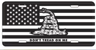 BLACK GADSDEN DON'T TREAD ON ME BLACK AND WHITE TACTICAL Embossed License Plate