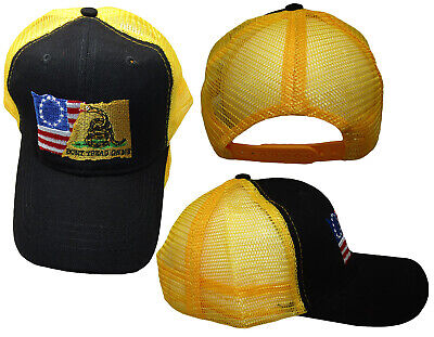 TRUMP 2024 Betsy Ross Gadsden Combo Yellow Mesh Trucker Cotton Black Hat Cap