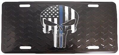 USA Thin Blue Line Demon Skull Diamond Deck Black 6"x12" License Plate