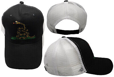 TRUMP 2024 Gadsden Rattlesnake Blackout Black Trucker White Mesh Back Cap Hat