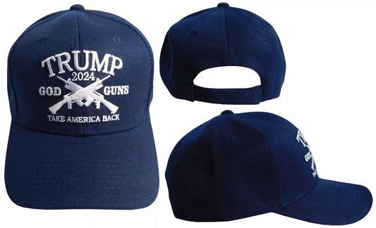 Trump 2024 God Guns Take America Back Navy Blue Adjustable Embroidered Cap Hat