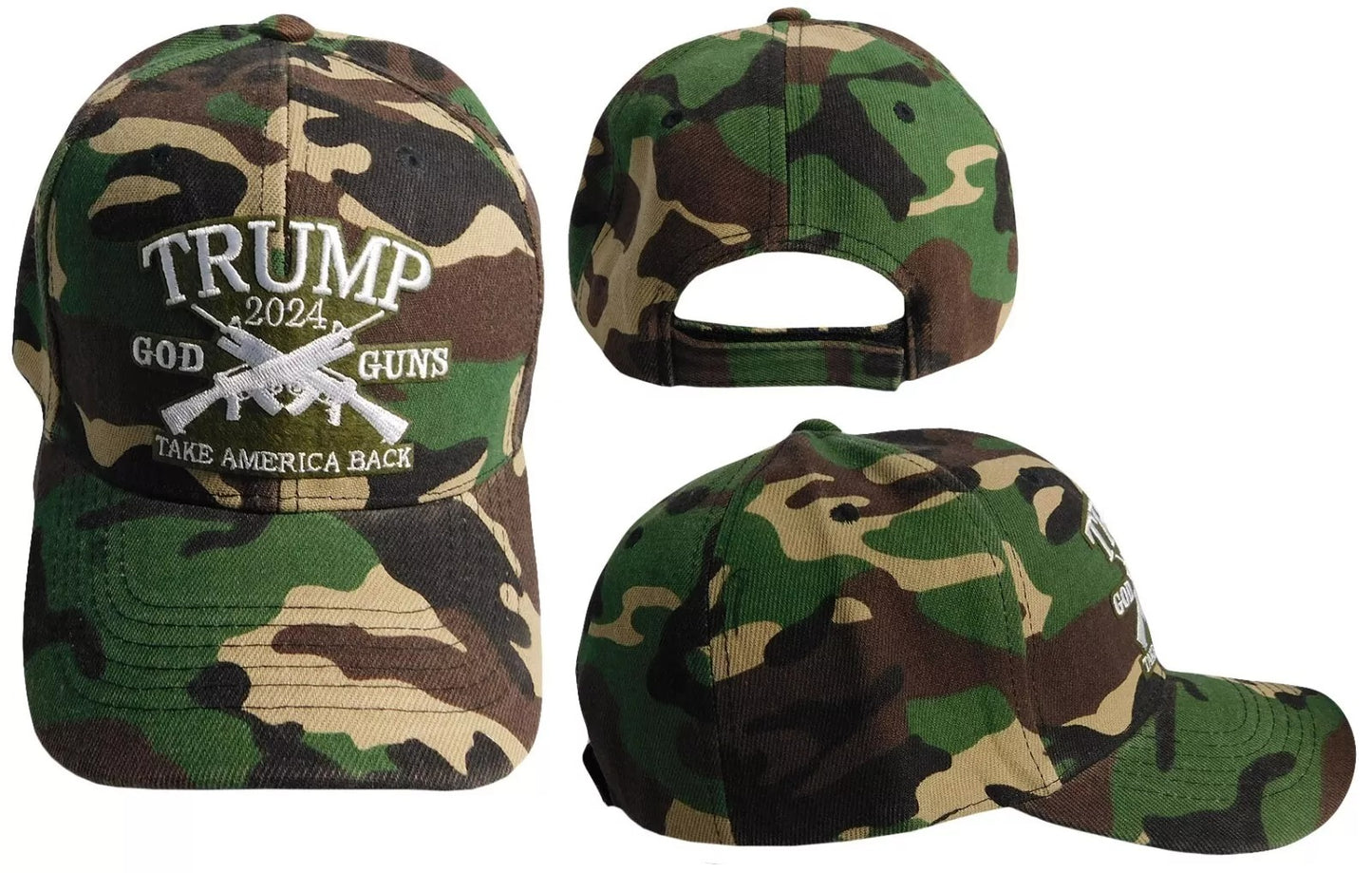 Trump 2024 God Guns Take America Back Woodland Camouflage Embroidered Cap Hat