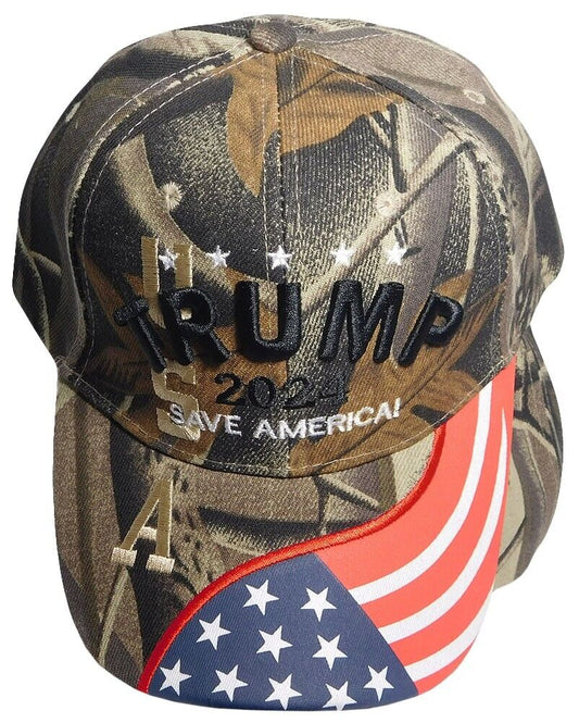 Trump 2024 Save America! Real Tree Camo USA Flag On Bill Embroidered Cap Hat