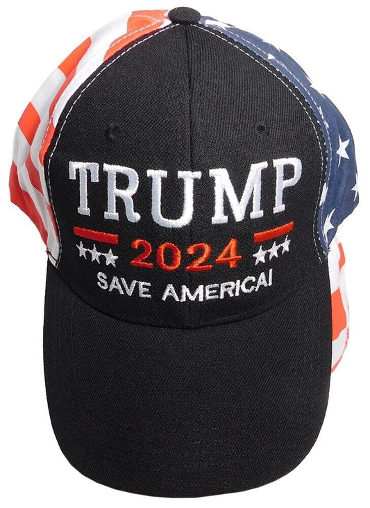 Trump 2024 Save America! Black USA Flag Back Embroidered Baseball Cap Hat