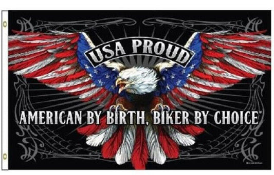 3X5 USA EAGLE PROUD AMERICAN BY BIRTH BIKE BY CHOICE FLAG BANNER 100D GROMMETS