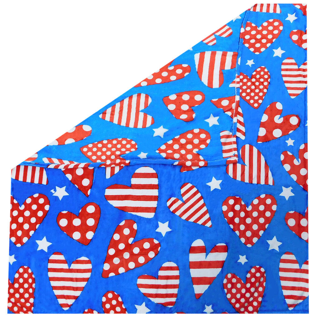 Patriotic Hearts & Stars Blue 50x60 50"x60" Soft Plush Fleece Blanket Throw