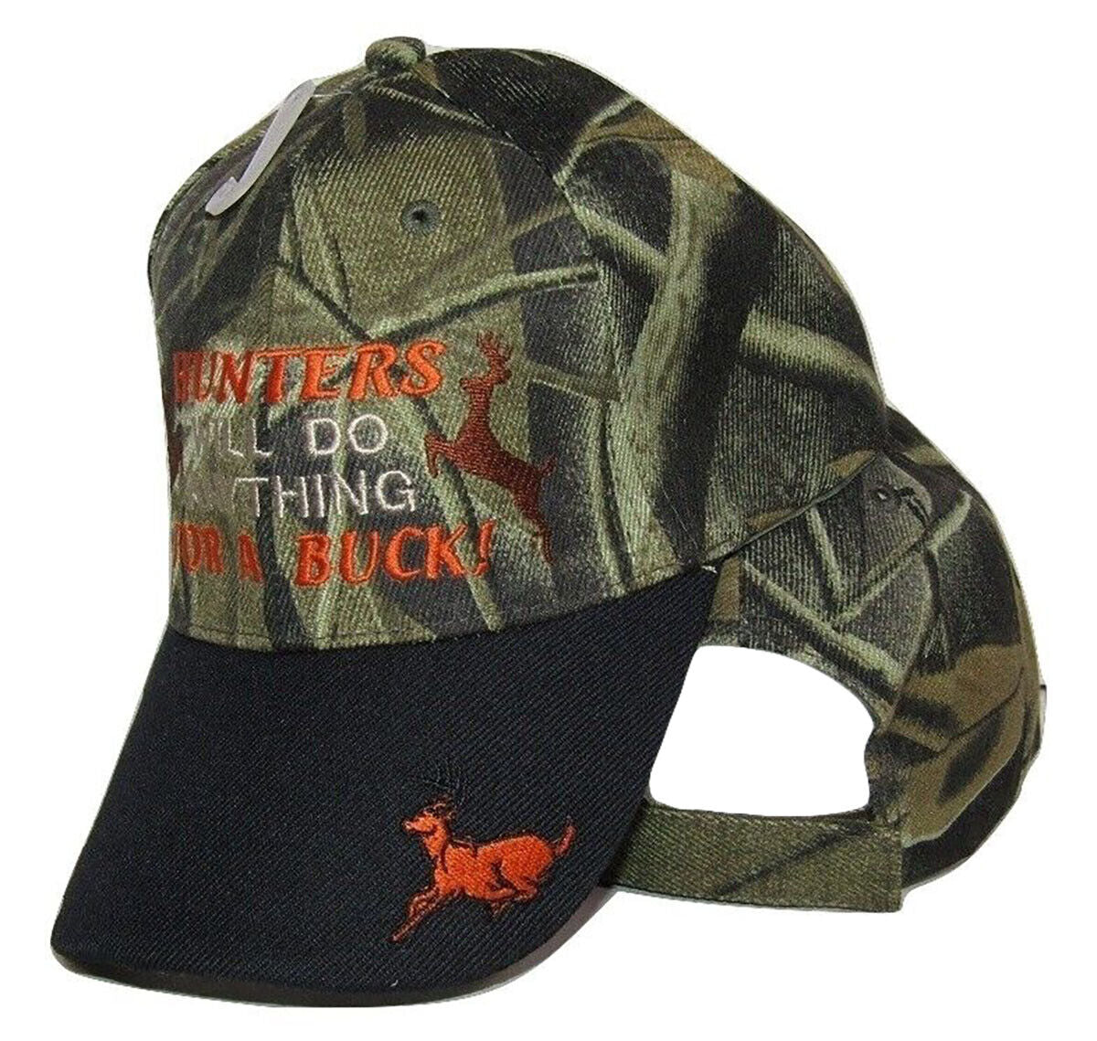 Hunters Will Do Anything For A Buck Black Bill Camo Deer Embroidered Cap Hat