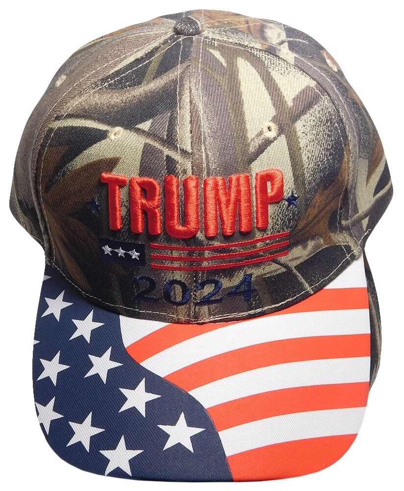 Trump 2024 3 Stars Real Tree Camo USA Flag Bill Embroidered Baseball Cap Hat