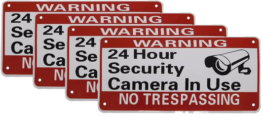 Set of 4 Warning 24 Hour Security Camera In Use Red White 6"x12" License Plate