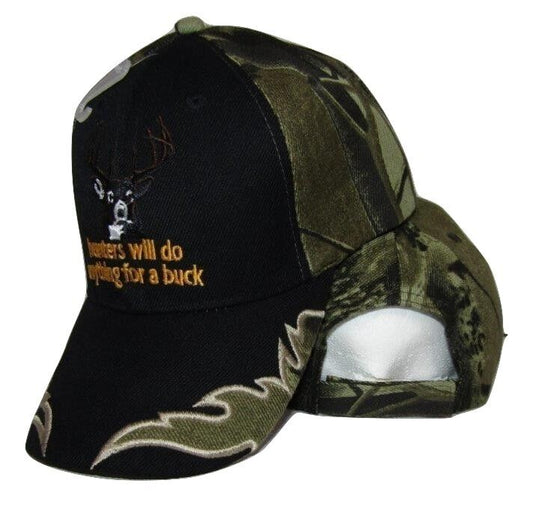 Hunters Will Do Anything For A Buck Black Front Camo Deer Embroidered Cap Hat