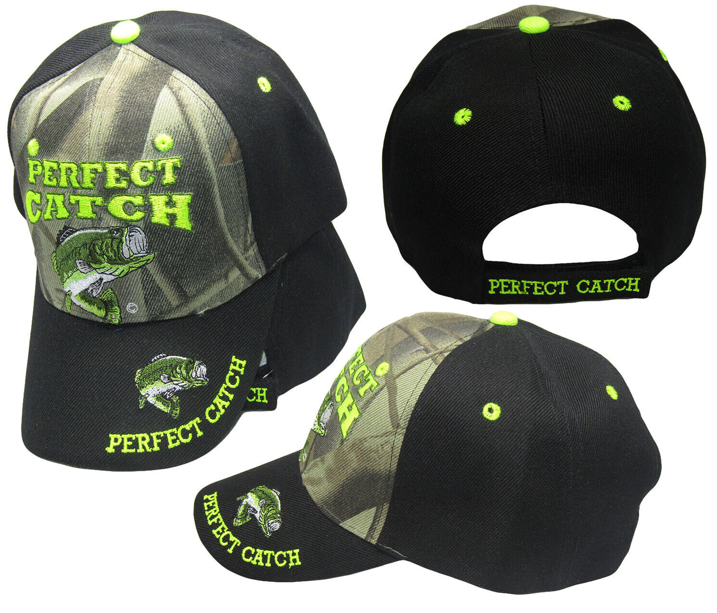 Perfect Catch Bass Fishing Embroidered Adjustable Cap Hat