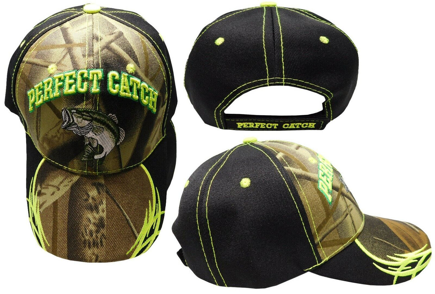 Perfect Catch Bass Fishing Embroidered Adjustable Cap Hat