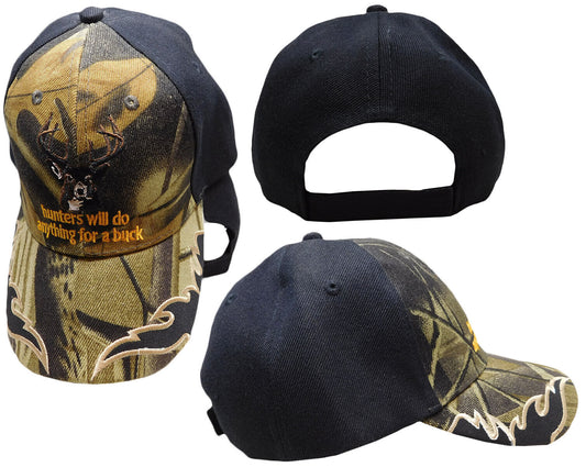 Hunters Will Do Anything For A Buck Black Back Camo Deer Embroidered Cap Hat