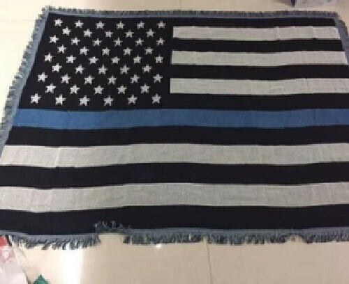 USA THIN BLUE LINE Afghan Throw State Flag 4ft x 6ft Cotton Woven Throw Blanket