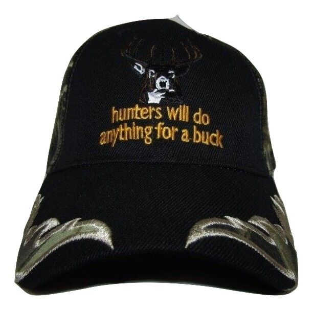 Hunters Will Do Anything For A Buck Black Front Camo Deer Embroidered Cap Hat