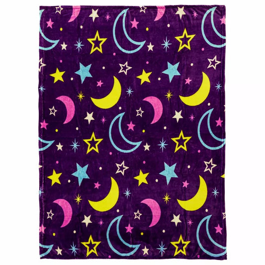 Moon & Stars Plush Blanket 50x60 Cute Kid's Blanket Purple Throw Blanket Space