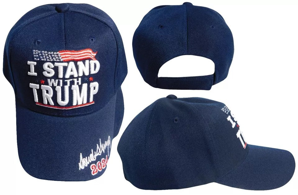 I Stand With Trump Signature 2024 Navy Blue Adjustable Embroidered Cap Hat