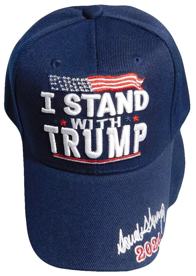 I Stand With Trump Signature 2024 Navy Blue Adjustable Embroidered Cap Hat