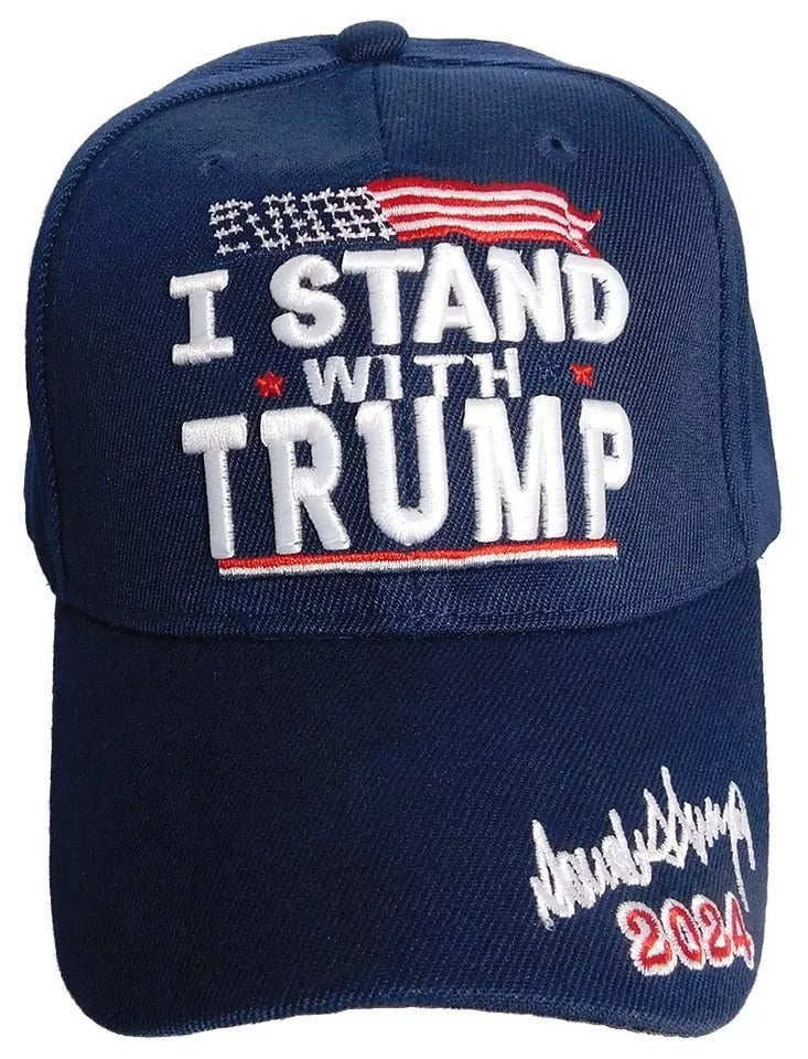 I Stand With Trump Signature 2024 Navy Blue Adjustable Embroidered Cap Hat