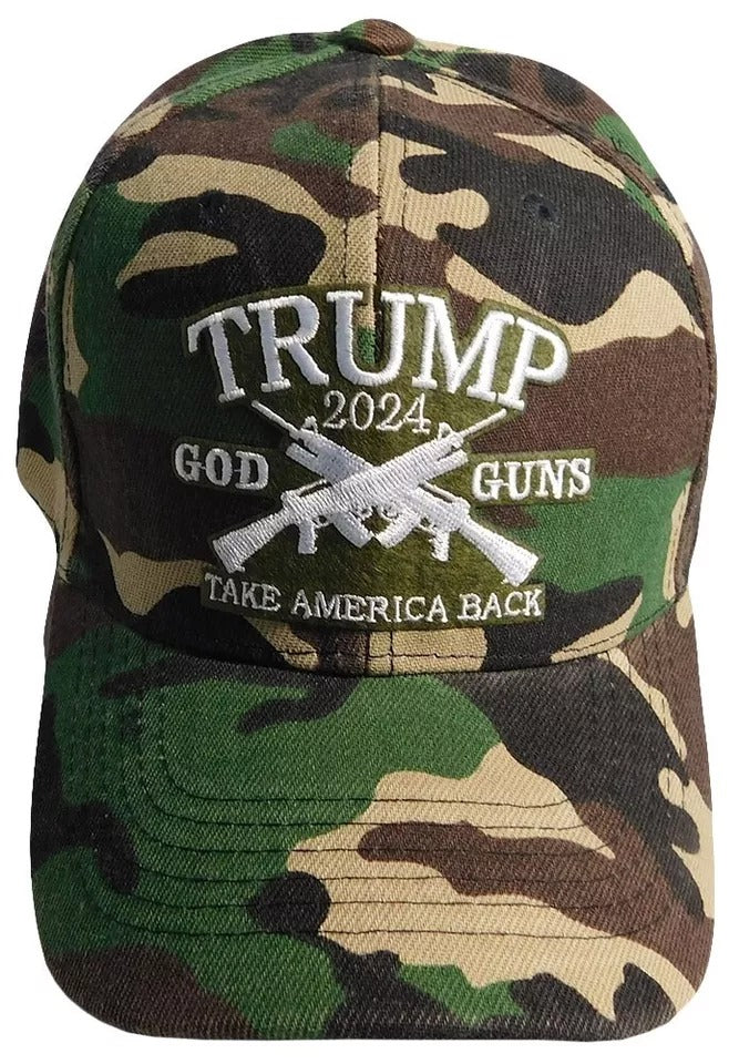 Trump 2024 God Guns Take America Back Woodland Camouflage Embroidered Cap Hat