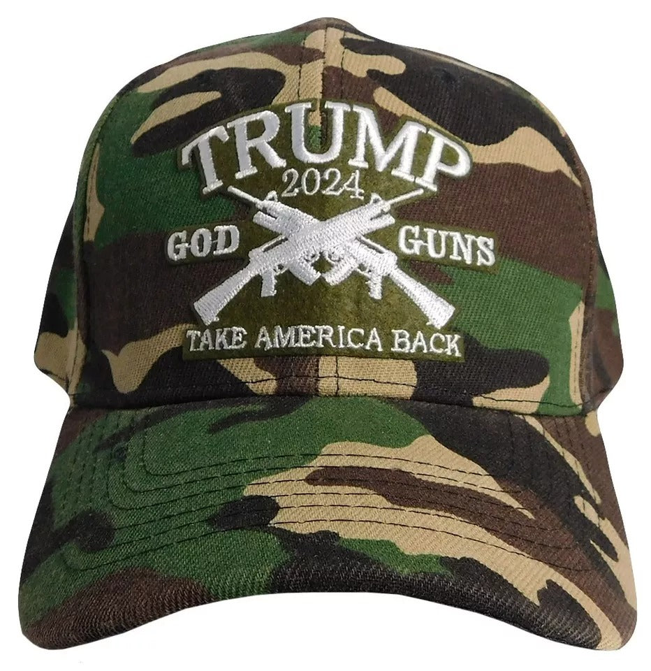 Trump 2024 God Guns Take America Back Woodland Camouflage Embroidered Cap Hat